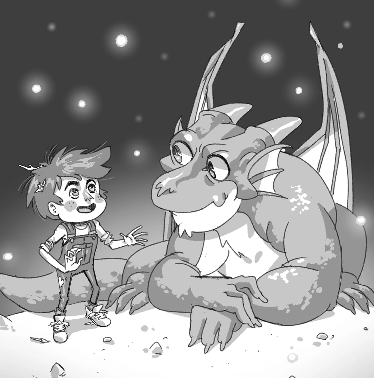Ilustración interior de Cuentos valencianos para compartir con una niña conversando con un dragón.