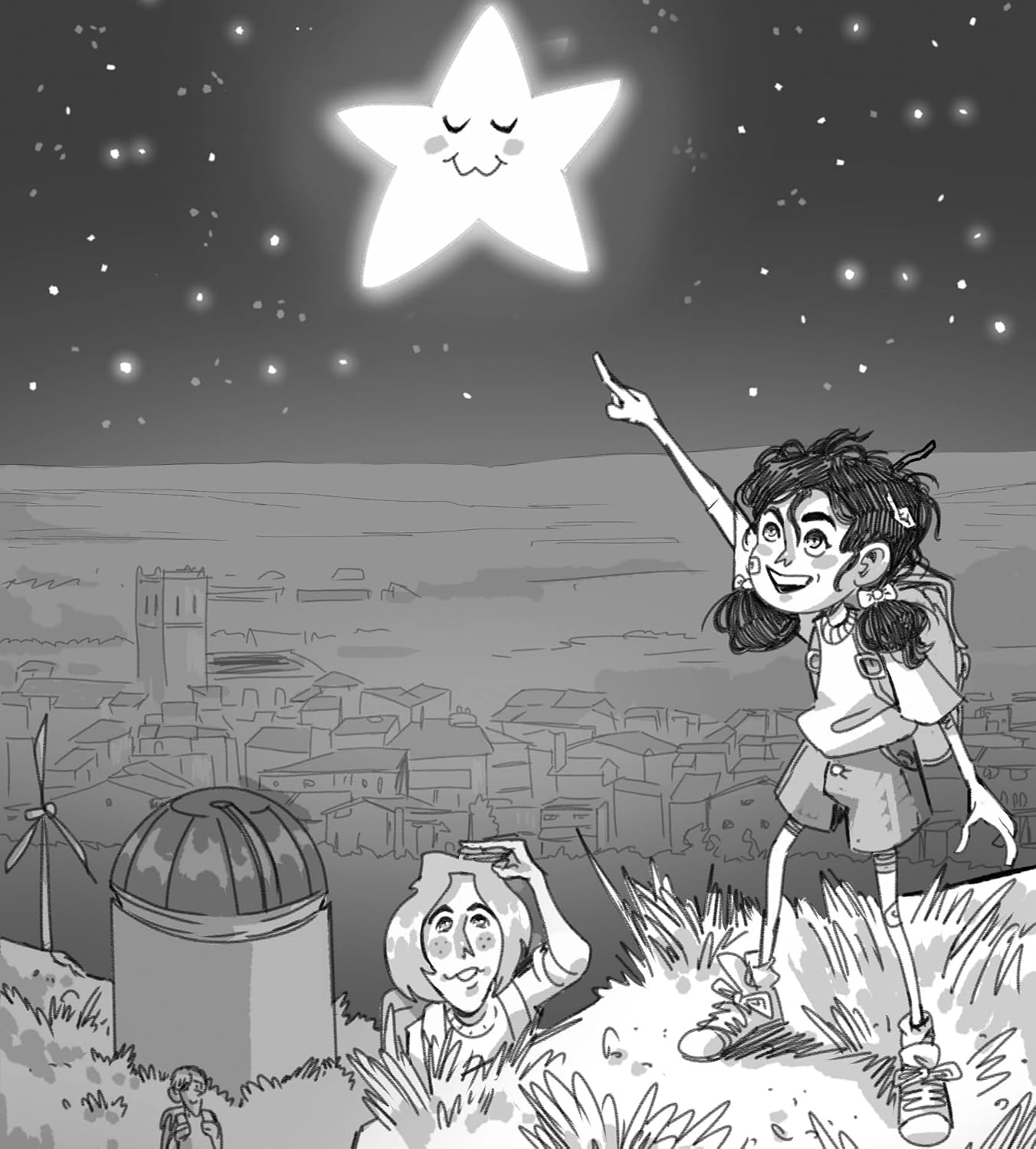 Ilustración interior de Cuentos valencianos para compartir con una niña señalando una estrella sobre un paisaje valenciano.