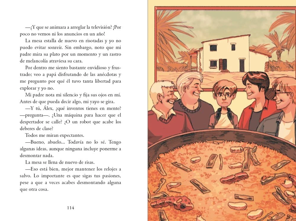 Doble página ilustrada de Mi padre es un Millennial con Álex y su familia reunidos alrededor de una paella.