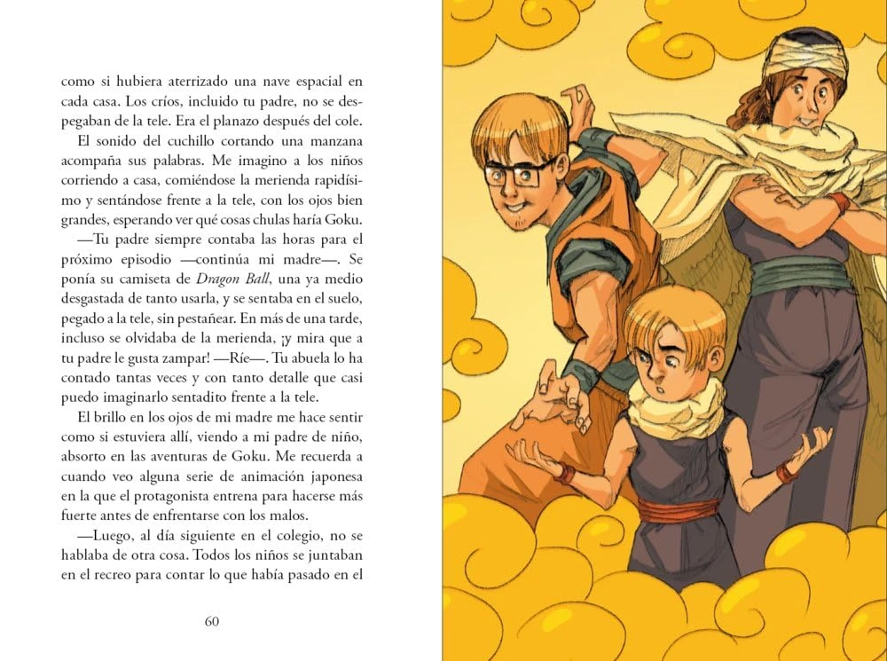 Doble página ilustrada de Mi padre es un Millennial sobre recuerdos de infancia y cultura popular de los años noventa.