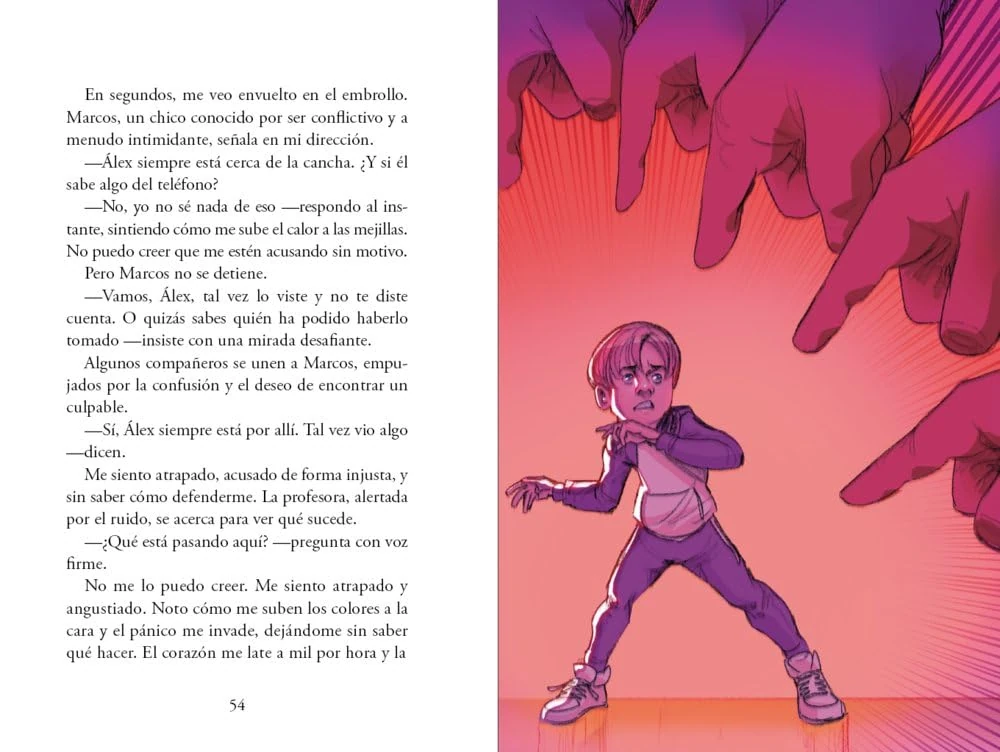 Doble página ilustrada de Mi padre es un Millennial con una escena escolar protagonizada por Álex.